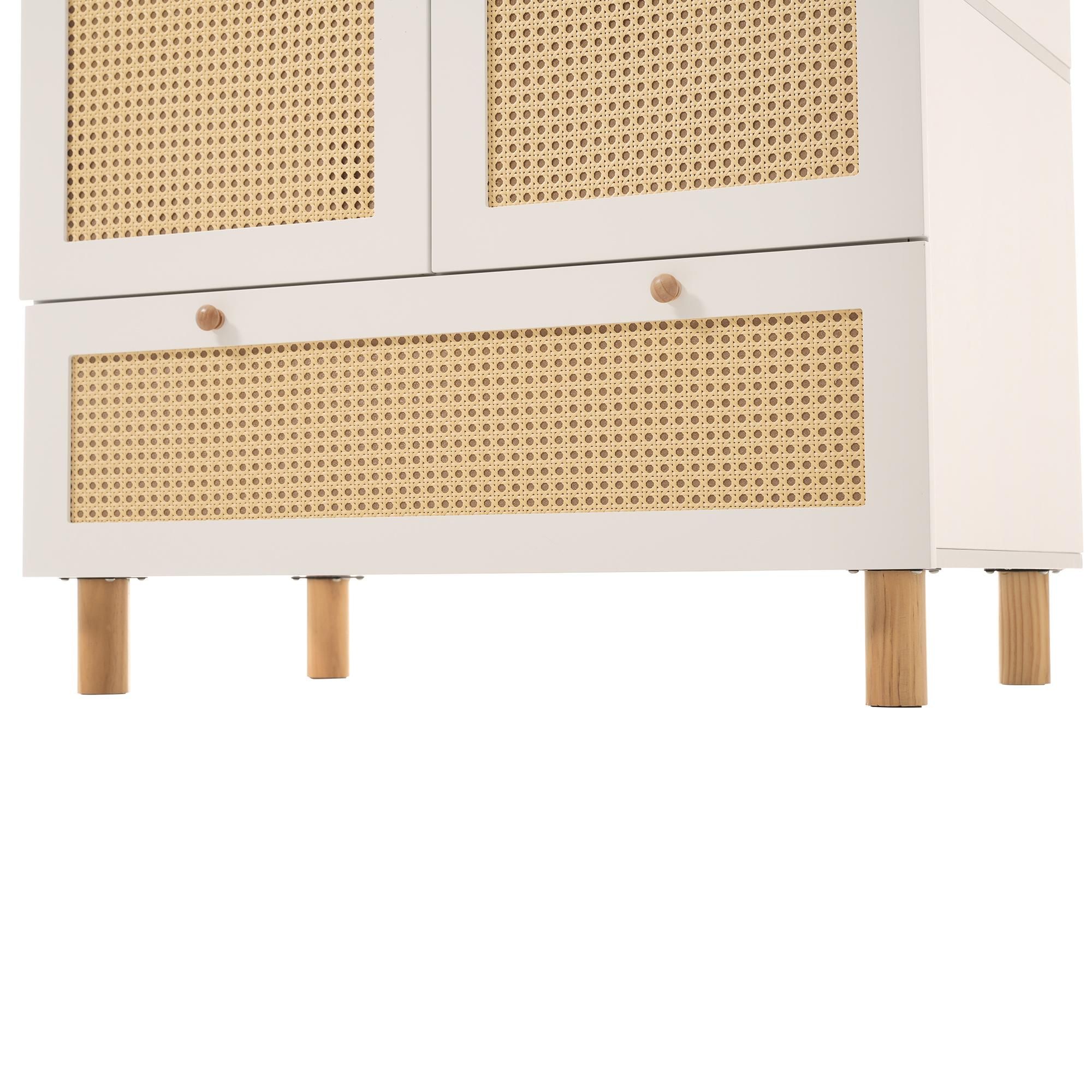 Flieks Kleiderschrank Garderobenschränke mit Kleiderstange, Garderobe mit Schublade und höhenverstellbaren Regalen, Rattan 2-türig Schrank, Weiß