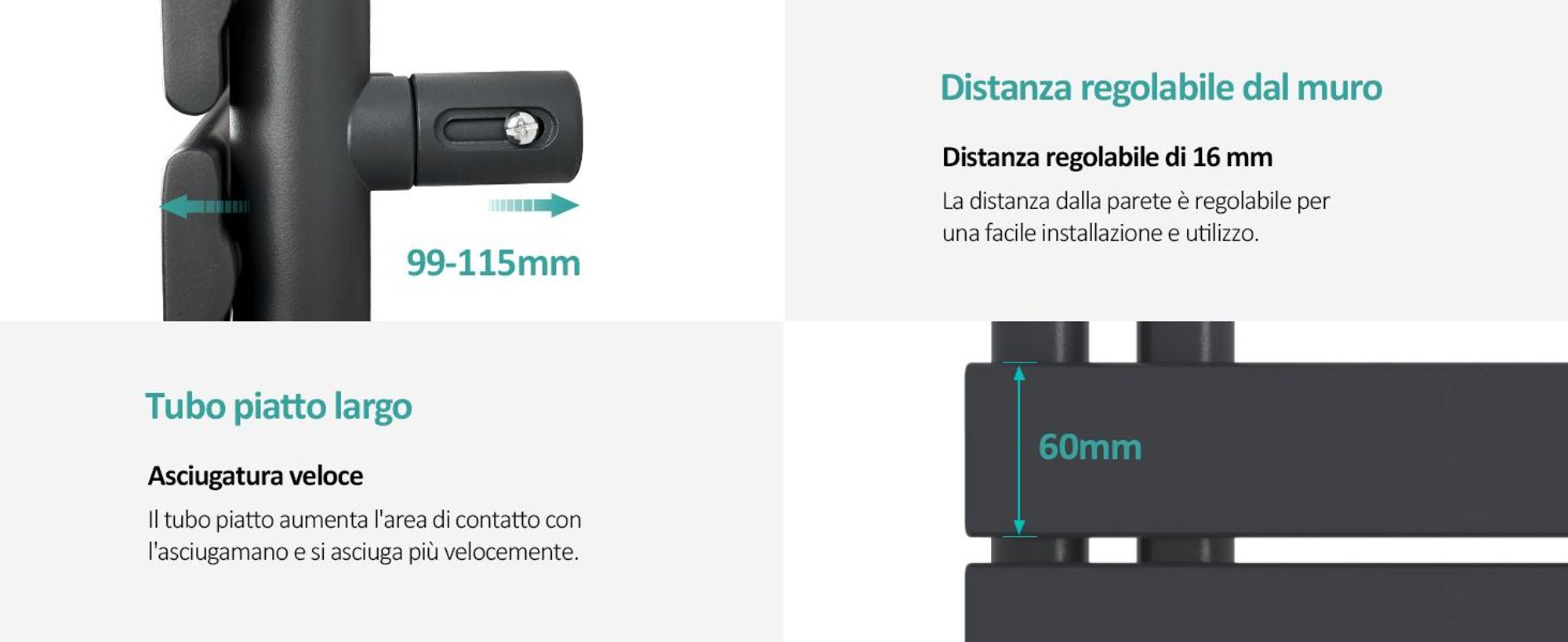 EMKE Asciugamano Asimmetria elettrica Radiatore da bagno con termostato a tempo Scaldasalviette 762 x 600 mm Radiatore portasciugamani antracite con asta di riscaldamento da 400W