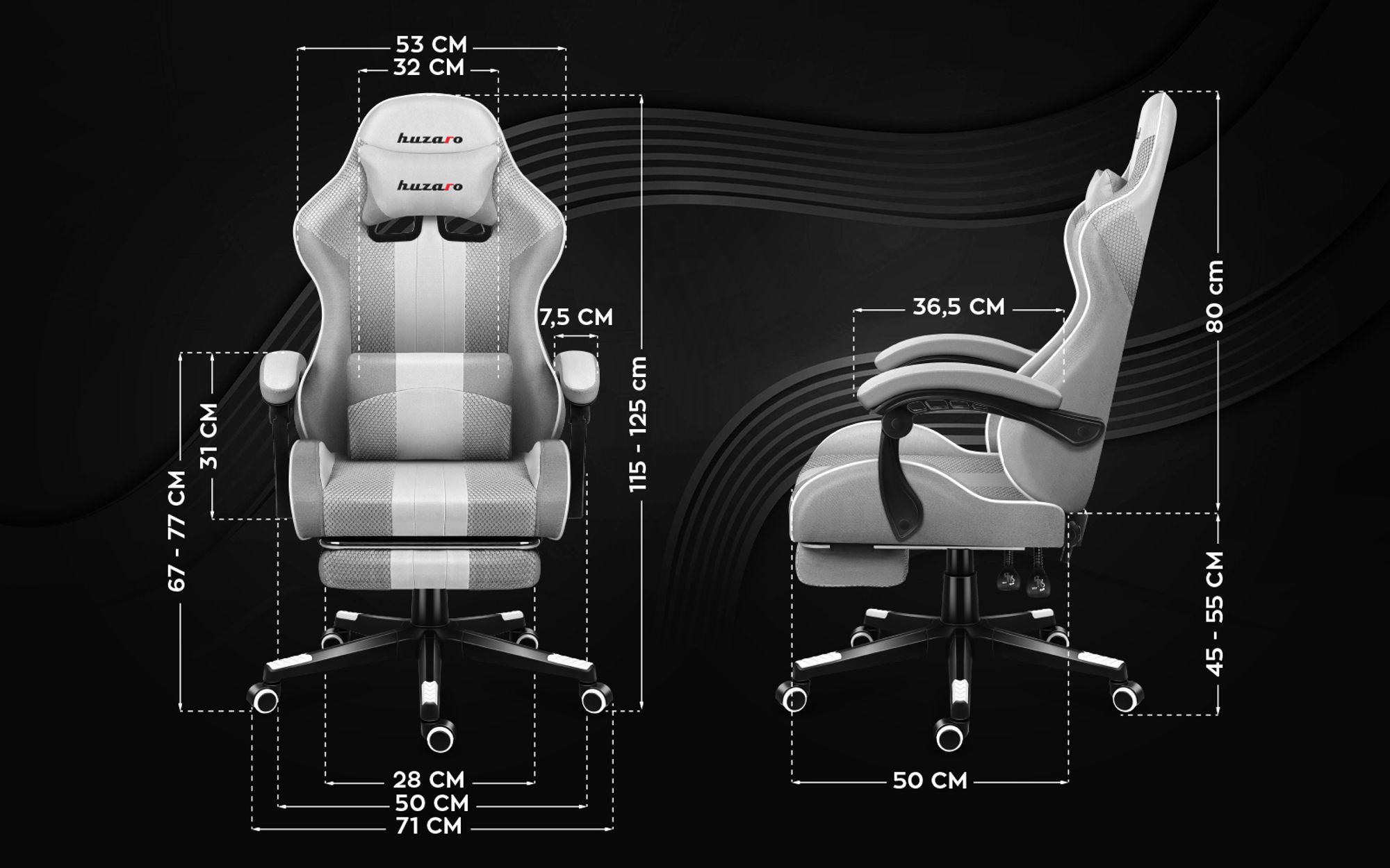 Huzaro Force 4.7 | Gaming Stuhl Bürostuhl Computerstuhl PC Chair | 90-140° Neigungswinkel Kopfstütze Lendenkissen Fußstütze Stoff | Weiß