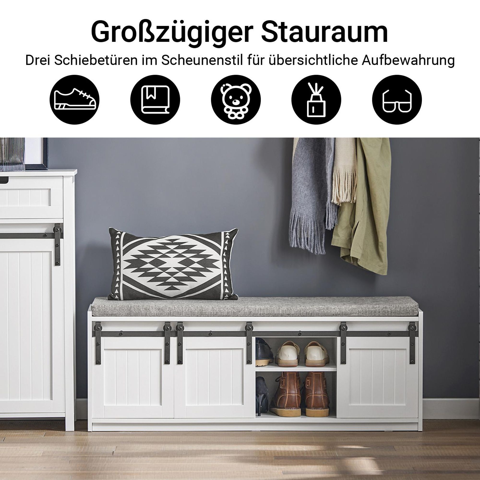 SoBuy Schuhbank mit Sitzfläche Sitzbank mit Stauraum Dielenbank mit Schiebetüren Schuhtruhe Sitzkommode Schuhregal schmal Holzwerkstoff Weiß FSR133-W