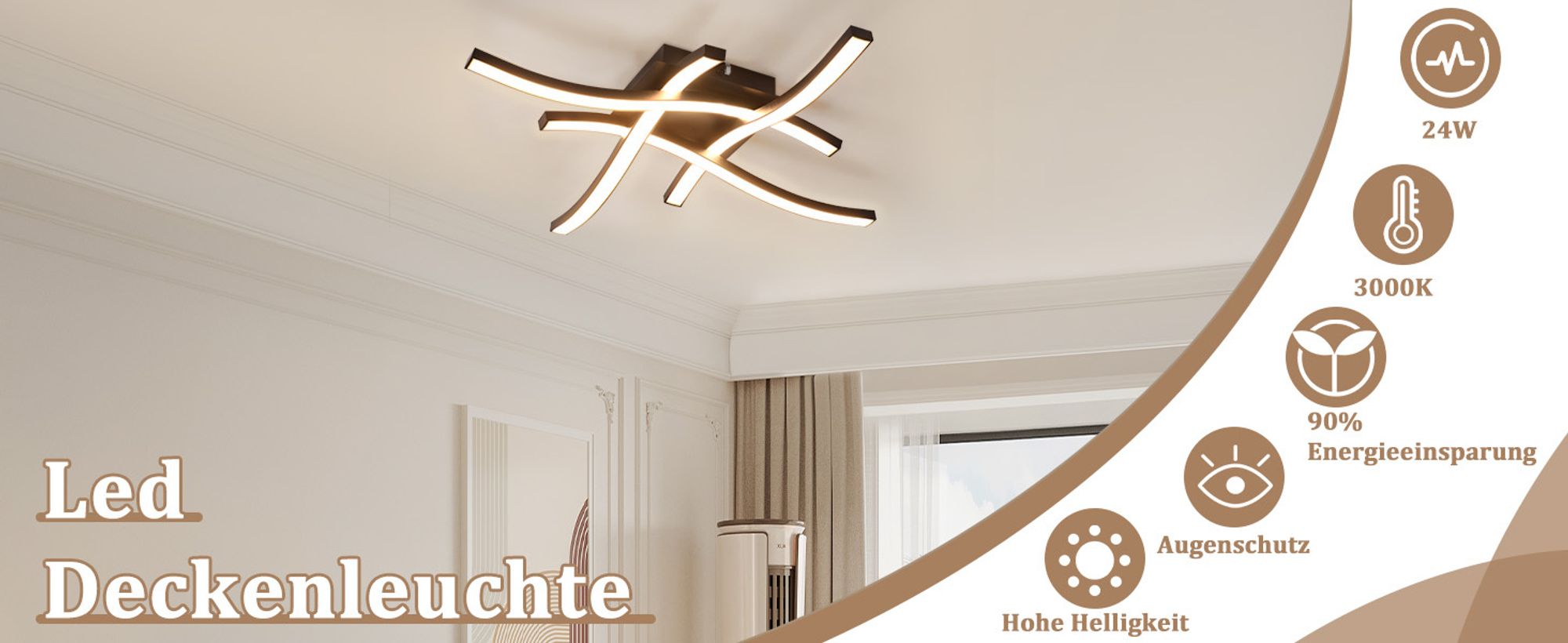 ZMH Deckenleuchten Schlafzimmer LED Schwarz 24W Wohnzimmer Licht 3000K Warmweiß Modernes Design Schlafzimmer Leuchten Metall Küche Leuchten
