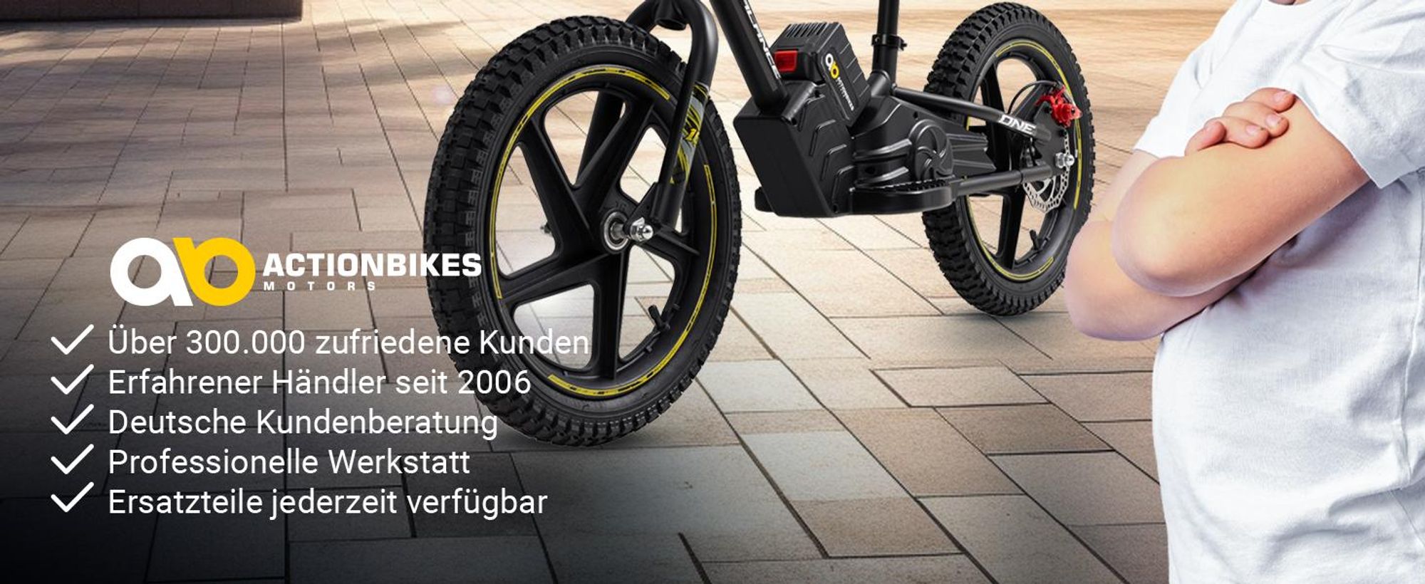 Actionbikes Motors Kinder Balance Bike 16 Zoll | Elektrofahrrad - Elektrofahrzeug - Fahrrad - 250 Watt - Scheibenbremsen - ab 5 Jahren (Schwarz/Gelb)