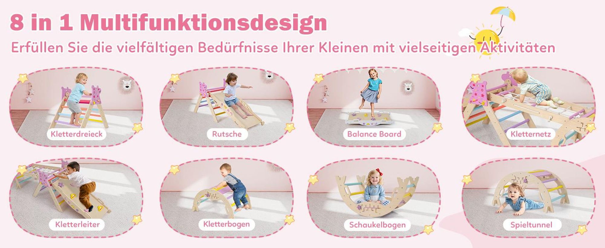 COSTWAY Klettergerüst Indoor 4er Set, klappabre Kletterdreieck mit Rutsche, Kletterbogen, Netz, doppelseitige Rampe, Baustein Set&2 Autos für Kinder1+