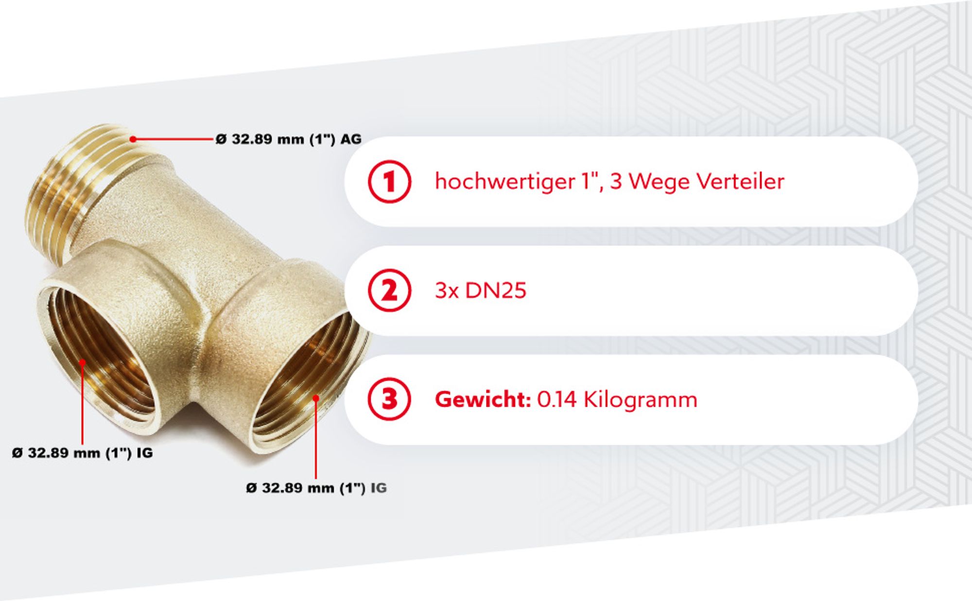 Wiltec 3-Wege Verteiler Messing 2x IG DN25 1" 1x AG DN25 1" T-Anschluss für Hauswasserwerk, Pumpe und Membrankessel