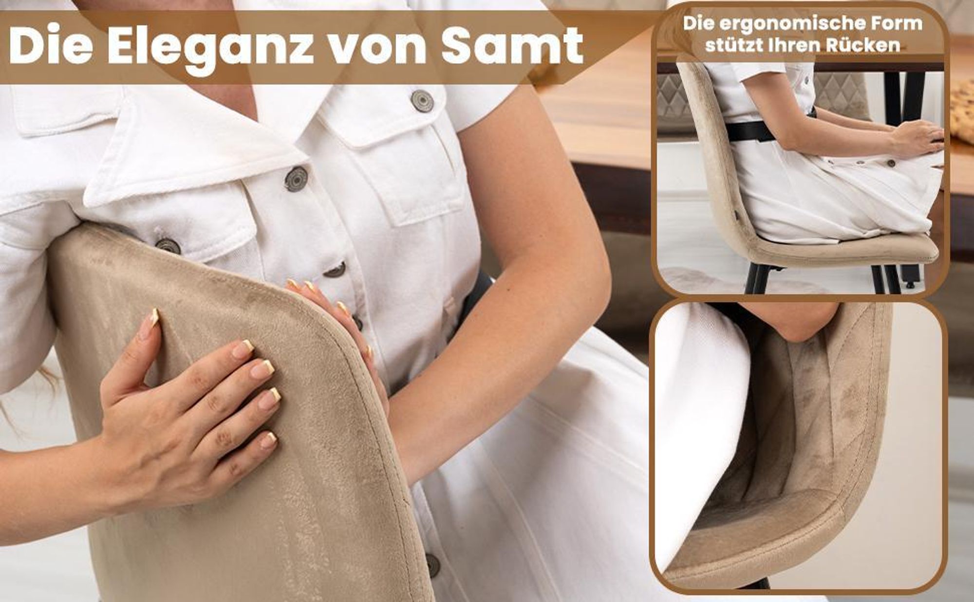 Lina® Elisia Esszimmerstuhl im modernen Design - Samt - Bequemer Stuhl für Ihr Esszimmer, hochwertiger Stoff, ergonomische Form - 2er Set - Beige