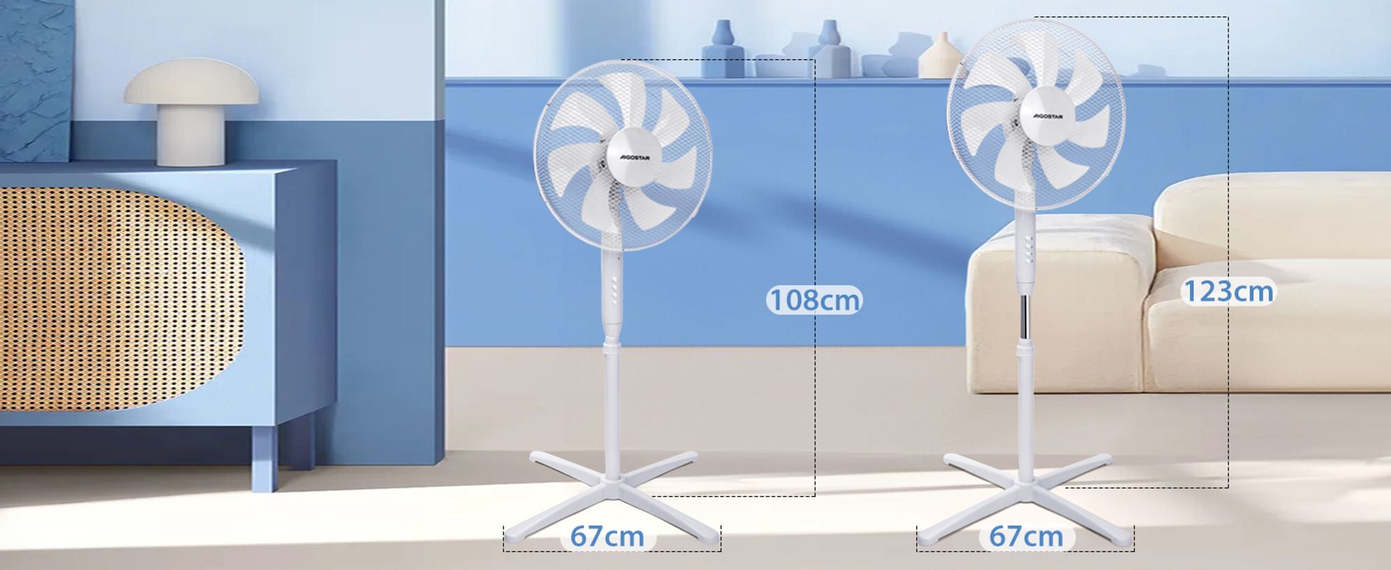 Aigostar - Standventilator, 3 Geschwindigkeiten, 7 Klingen, 41 cm Durchmesser, leise, 75° Oszillation, Weiß