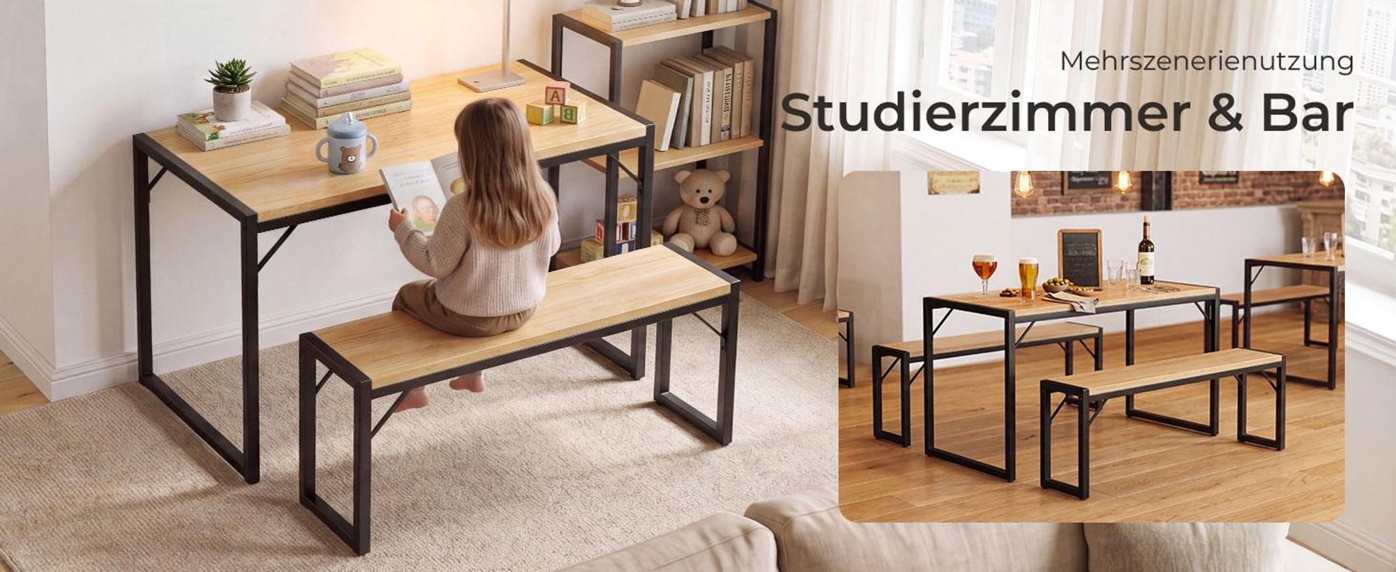HOKEEPER Esstisch Set mit 2 Bänken, Platzsparende Sitzgruppe für Küche, Esszimmer & Restaurant, Industrial Tischgruppe mit Stahlrahmen,Hellbraun