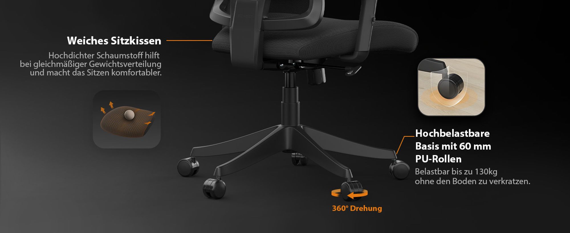 SENSE7 Tone Ergonomischer Bürostuhl Schreibtischstuhl Office Chair Drehstuhl Höhenverstellbar mit Kopfstütze & Armlehnen bis 130 kg Mesh Schwarz
