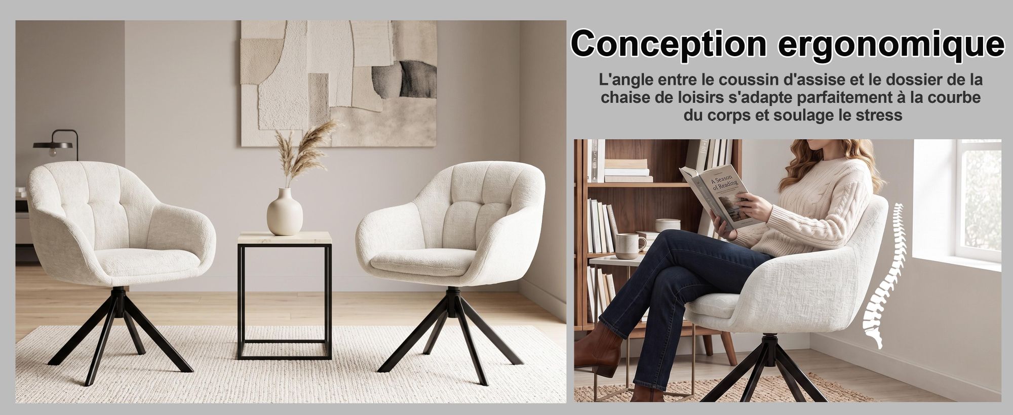 Fauteuil de relaxation Duhome, pivotant à 360°, avec accoudoirs, en tissu chenille. Chaise de table de maquillage avec structure métallique. Chaise de salle à manger, couleur beige
