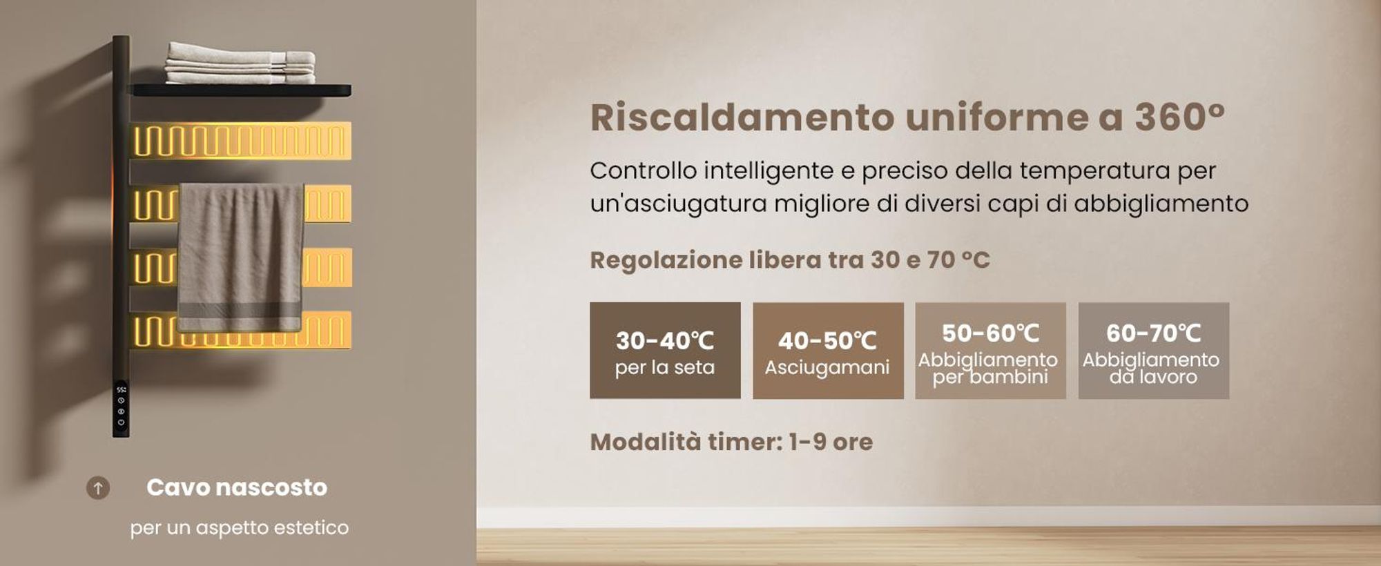 EMKE Scaldasalviette Elettrico con Portasciugamani Girevole e Mensola, Termoarredo Bagno WiFi con App e Controllo Vocale, Timer, 76x45x14 cm, Nero
