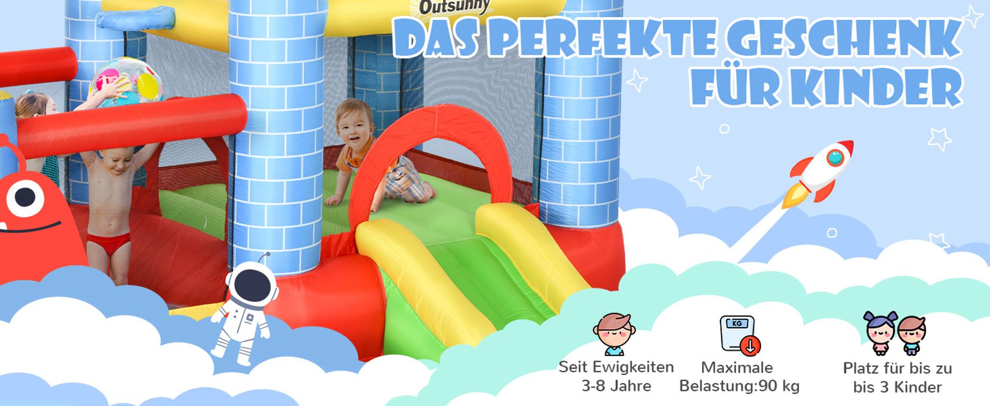 Outsunny Aufblasbare Hüpfburg mit Rutsche Pool für 3 Kinder Burg mit Gebläse