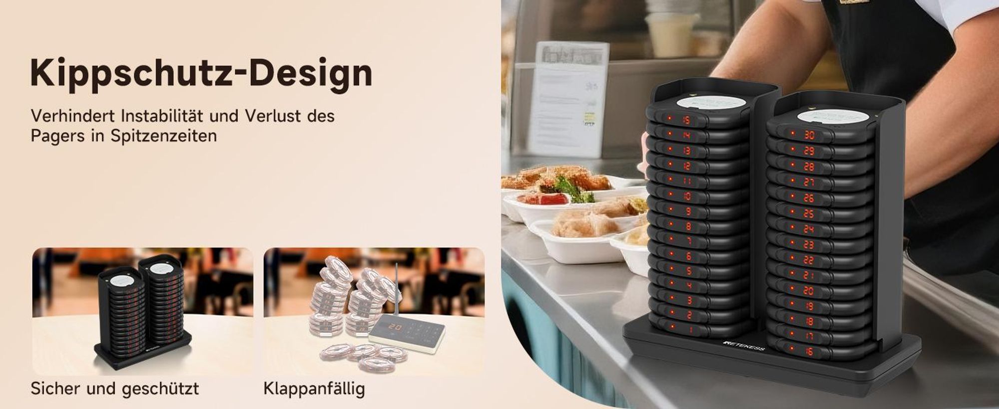 Retekess TD186 Restaurant Pager System, 600 m, Kippdesign, 64 Rufkombinationen, automatische Weckfunktion, für Restaurant Bars Café