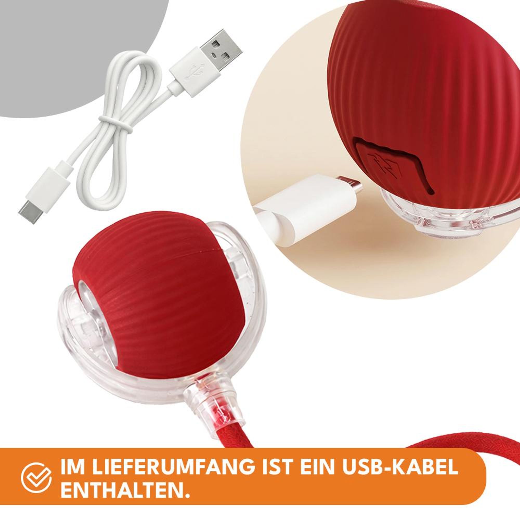 KRUMAD Interaktiver Katzenball mit LED und Schwanz, Elektrisches Katzenspielzeug USB Aufladbar, Spielball für Katzen Zuhause, Rot