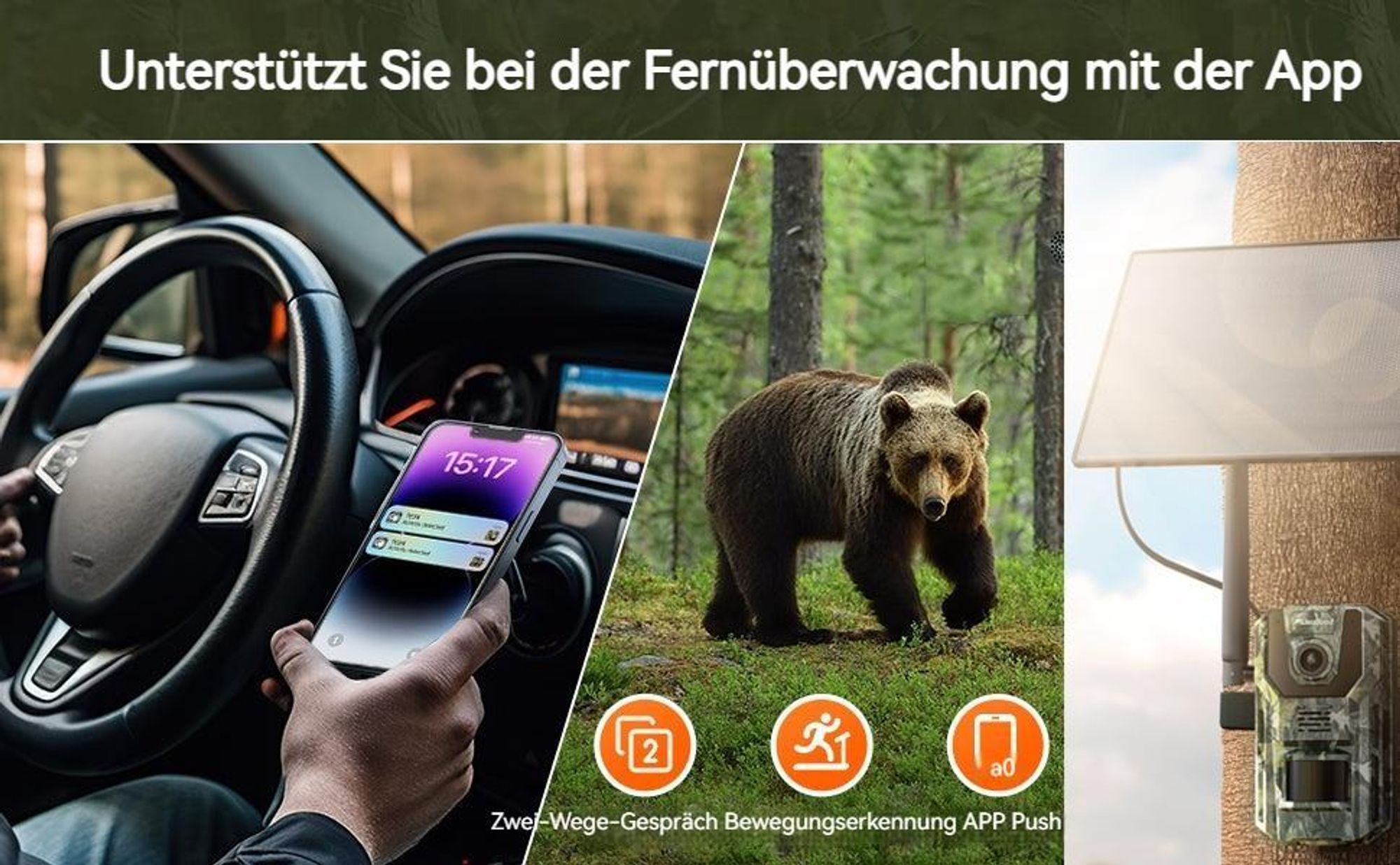Usogood 4G LTE Wildkamera mit Handyübertragung App & Bewegungsmelder, 2K Solar Überwachungskamera Aussen mit SIM Karte, Nachtsicht, GPS
