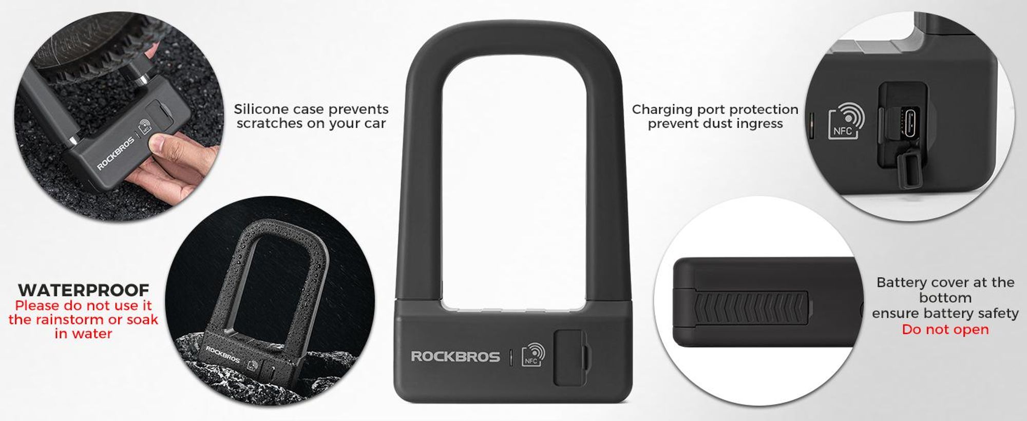 ROCKBROS Fahrradschloss Bügelschloss NFC U-Lock mit USB-C Motorradschloss Diebstahlschutz für E-Bike, Mountainbike, Rennrad