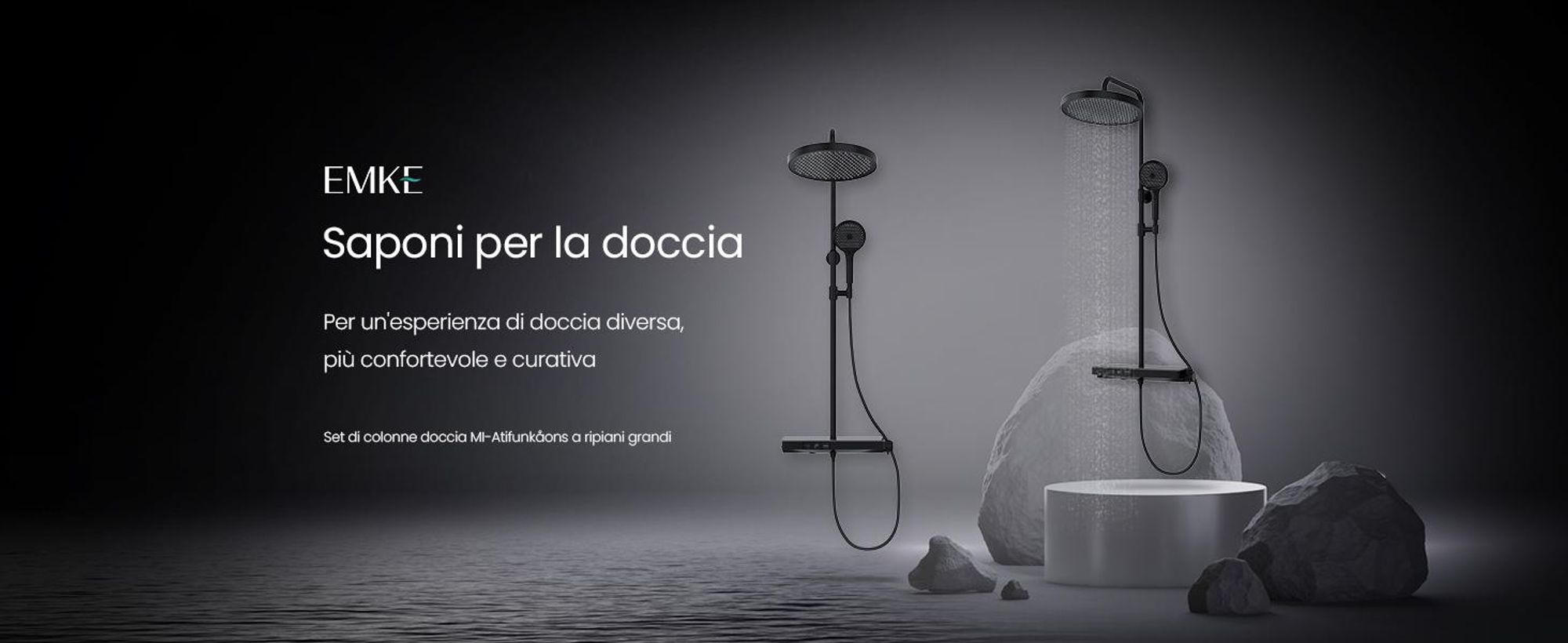 Sistema doccia EMKE® con termostatico doccia a pioggia rotonda con ripiano in vetro da 40 cm, rubinetteria per vasca e doccia, doccetta 3 modalità di getto + bocca inferiore nera F22