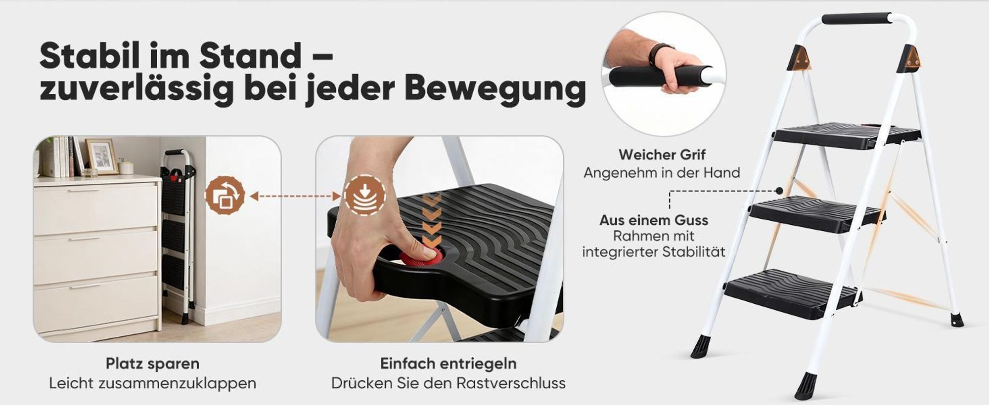 SEKEY Trittleiter Klappbar 3 Stufen – XXL 36 x 26 cm rutschfest, bis 150 kg, mit Klappsicherung