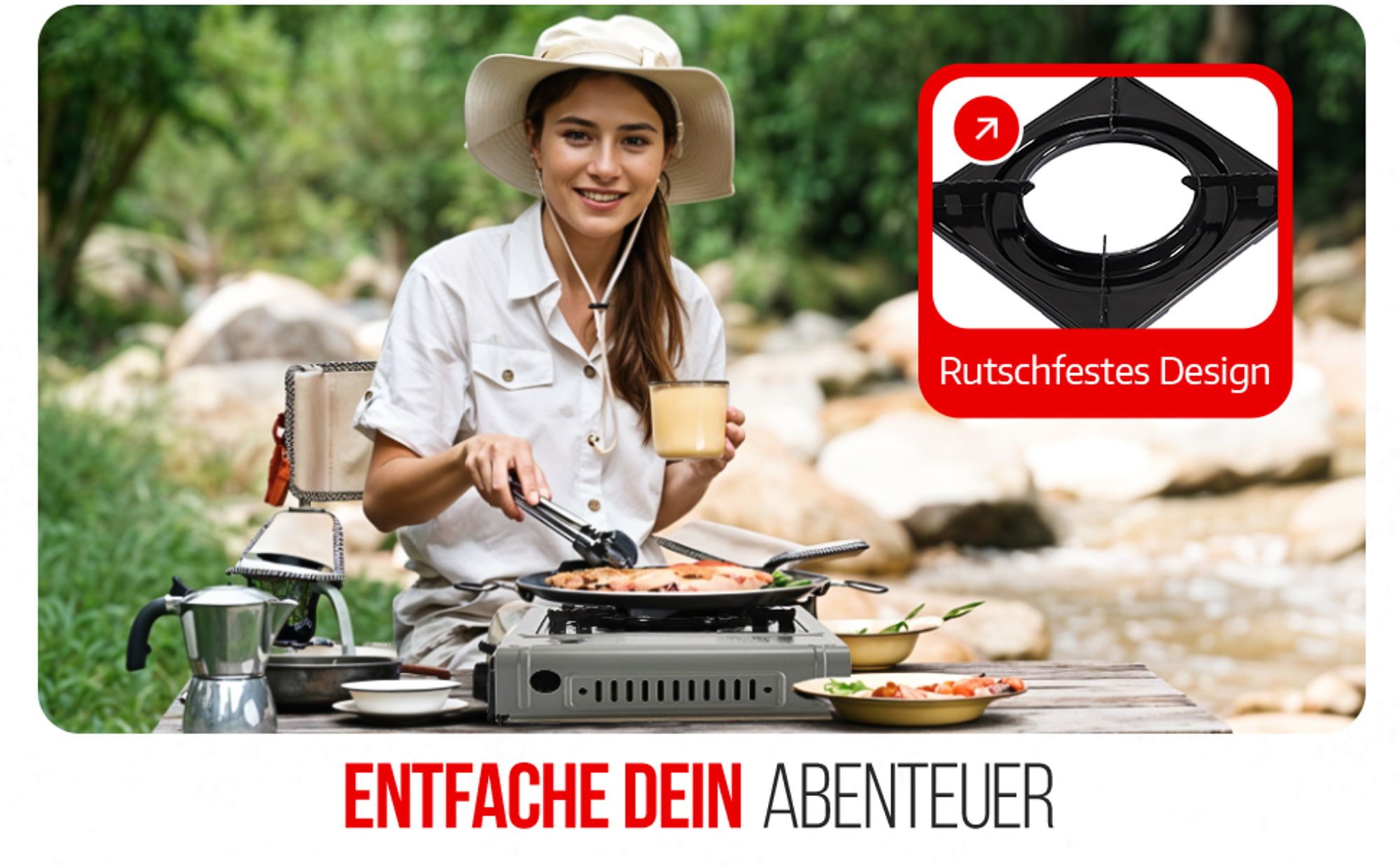 Hikemeister® Campingkocher Gas – Tragbarer Gaskocher 2200W mit Koffer – Camping Gasherd Outdoor Butan Kocher für Campingurlaub, Balkon & Garten - Grau