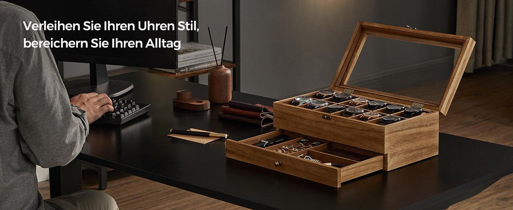SONGMICS Uhrenbox mit 12 Fächern, Uhrenkasten aus Massivholz, mit Glasdeckel
