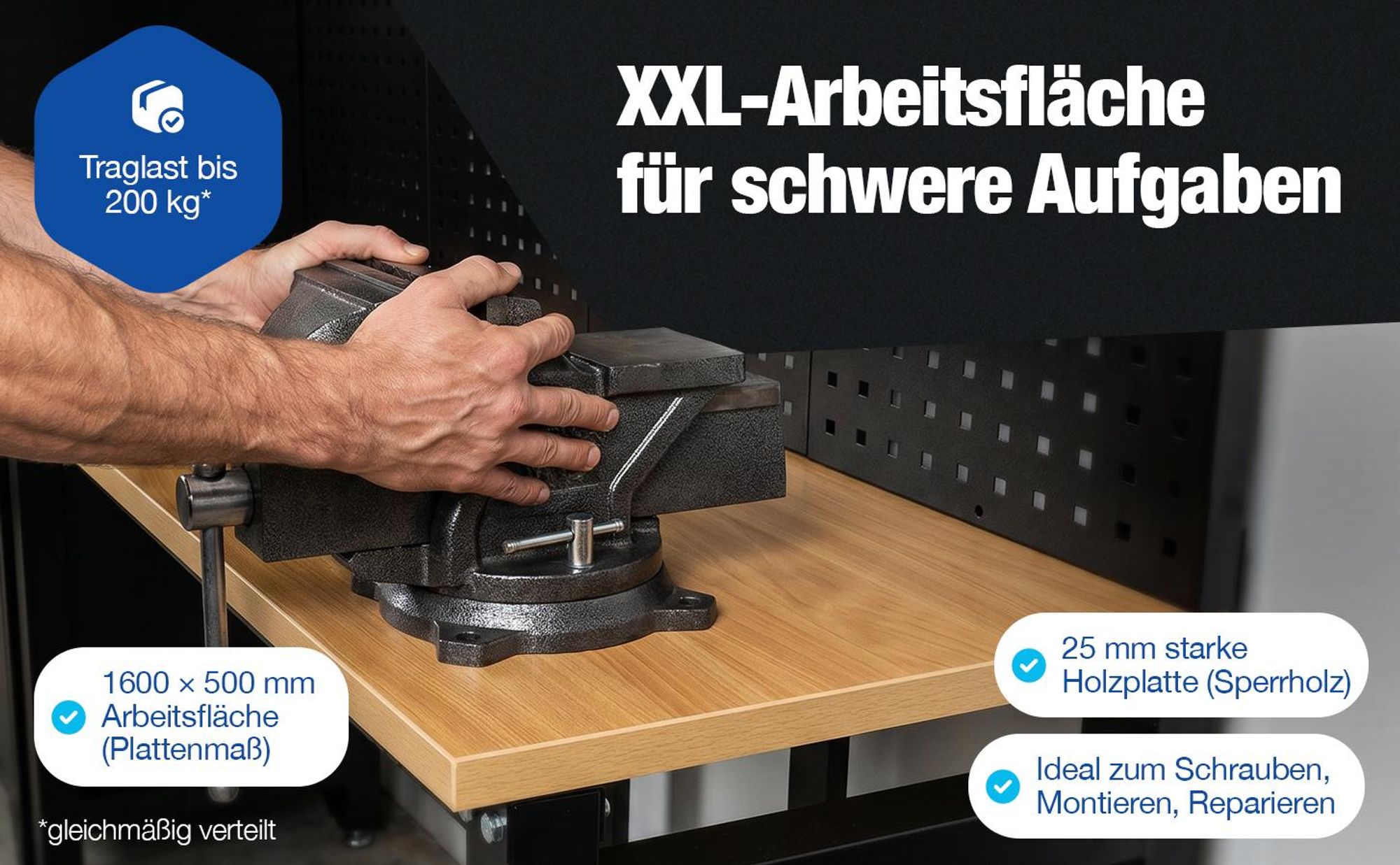 XL Werkstattwand Komplett-Set 210 cm – Modulares Werkstattsystem mit 25 mm Holzarbeitsplatte, Werkzeugschränken, Lochwand & Werkbank, 200 kg Traglast