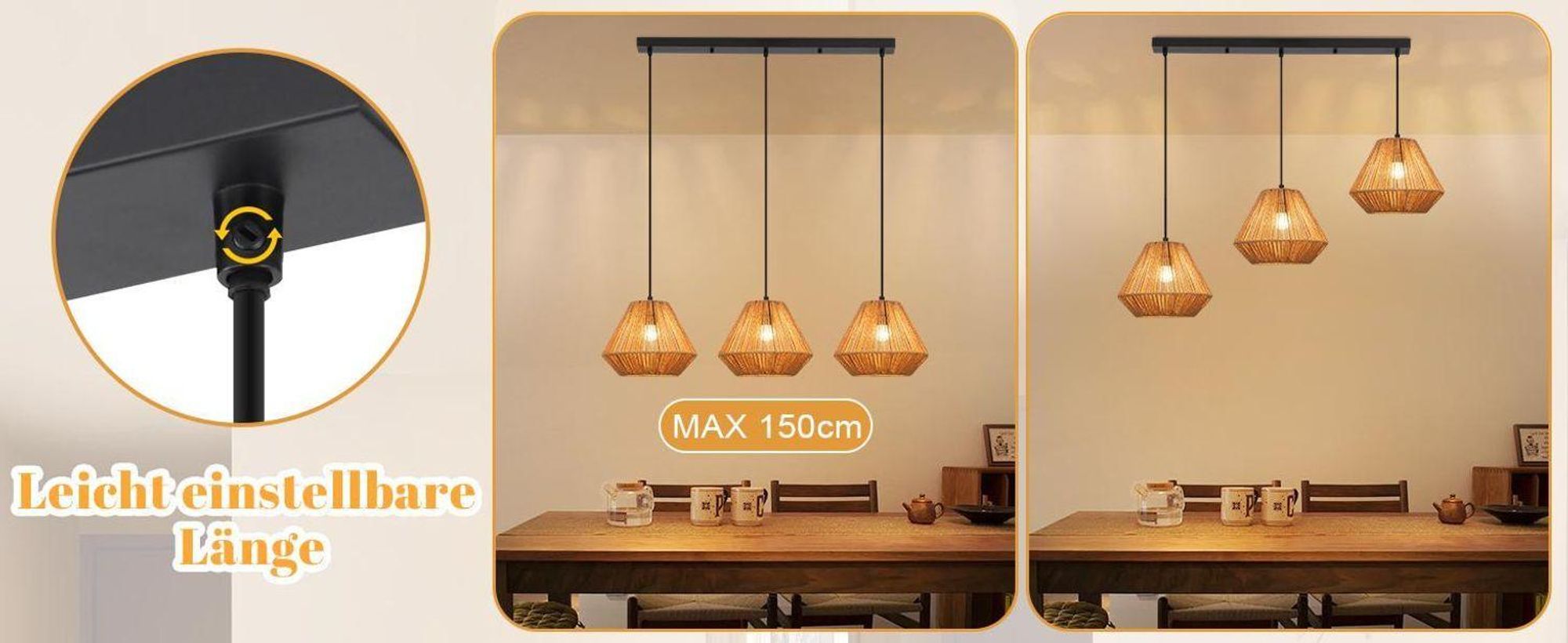 Lámpara colgante ZMH estilo bohemio, lámpara de ratán, regulable en altura, ideal para el comedor, con 3 luces, lámpara de mesa retro con casquillo E27
