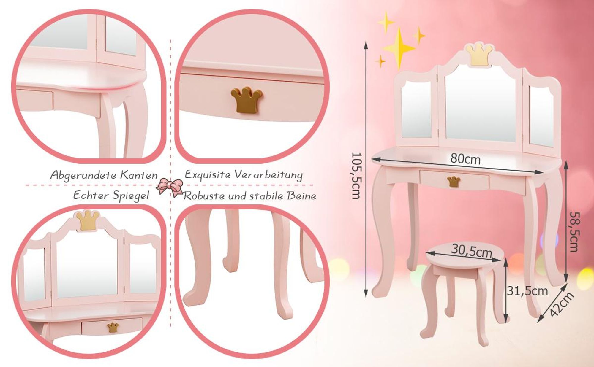 COSTWAY Kinder Schminktisch mit Hocker, abnehmbarer Spiegel & Schublade, Frisiertisch Holz, Kindertisch, Spiegeltisch 80x42x106cm Weiß