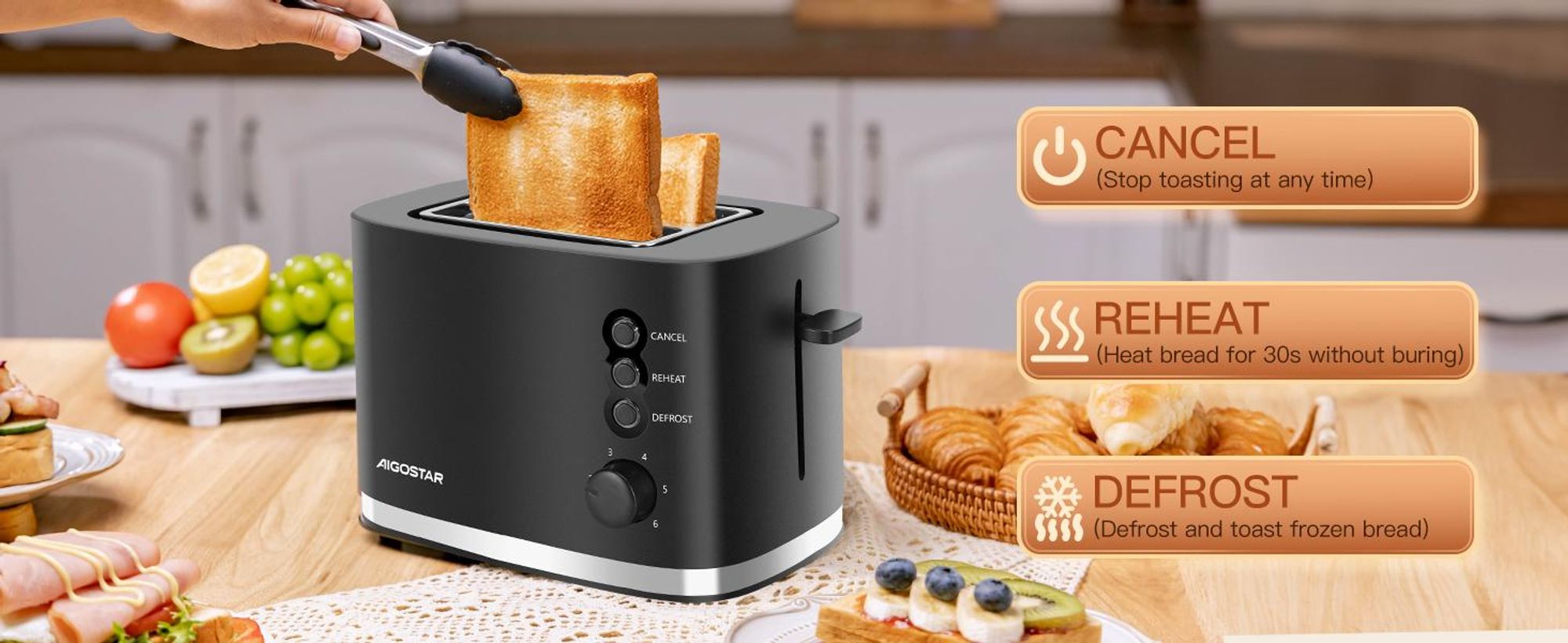 Aigostar - Toaster 2 Scheiben, extra breite Toastschlitze, 6 Bräunungsstufen,800W