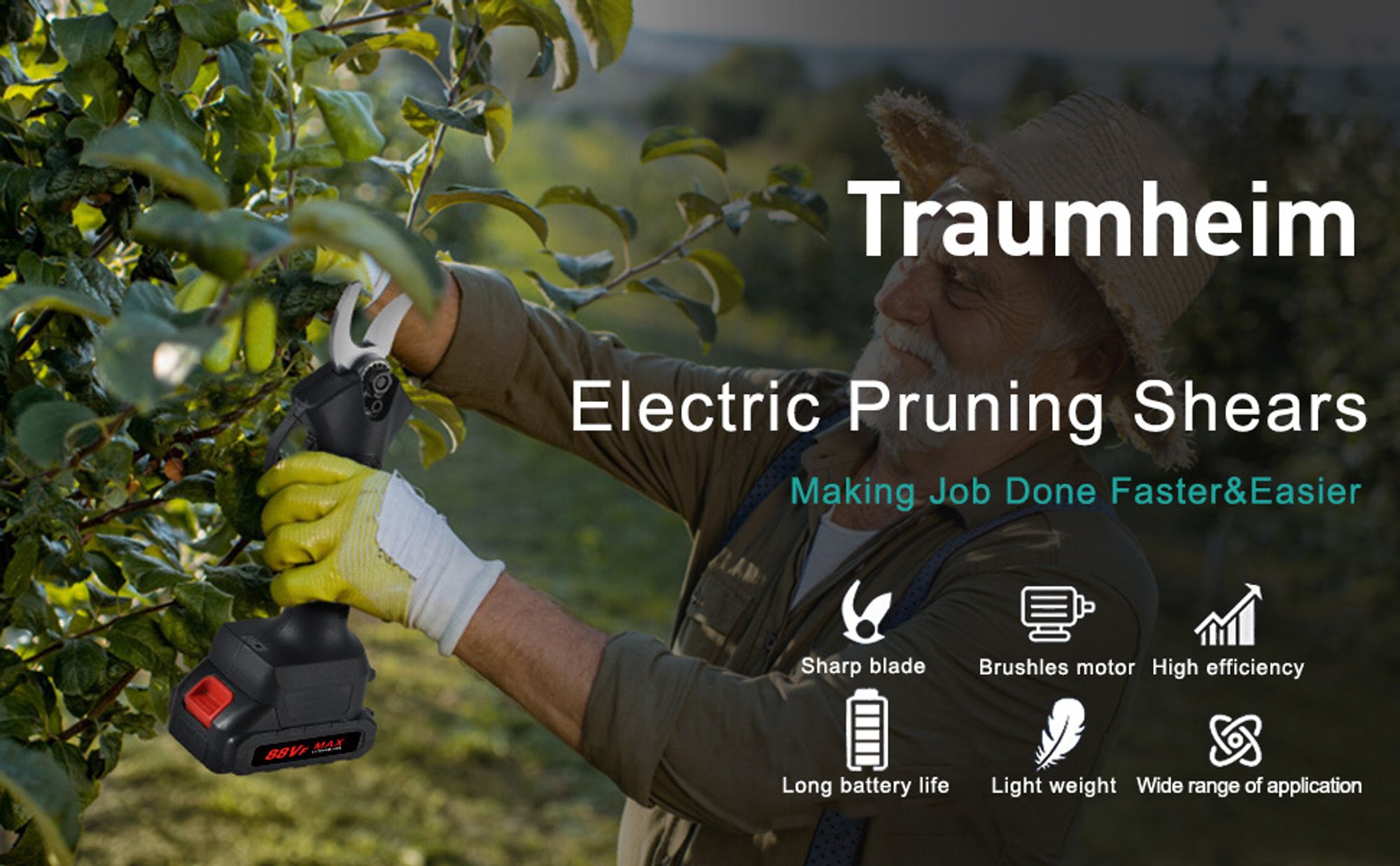 Professionelle Akku-Gartenschere, 21 V, kabellose elektrische Gartenschere, 0–25 mm Akku-Gartenschere mit 2 Akkus, Baumscheren – Schwarz