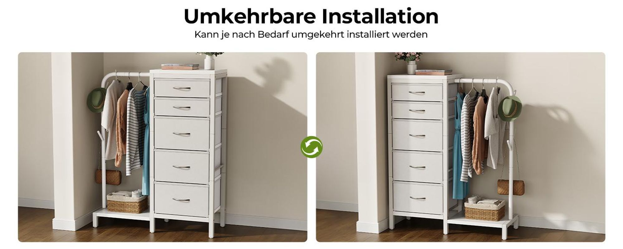 Standgarderobe Garderobenständer Kleiderständer Garderobe mit 5 Stoff Schubladen, Kommodeschrank mit Kleiderstange