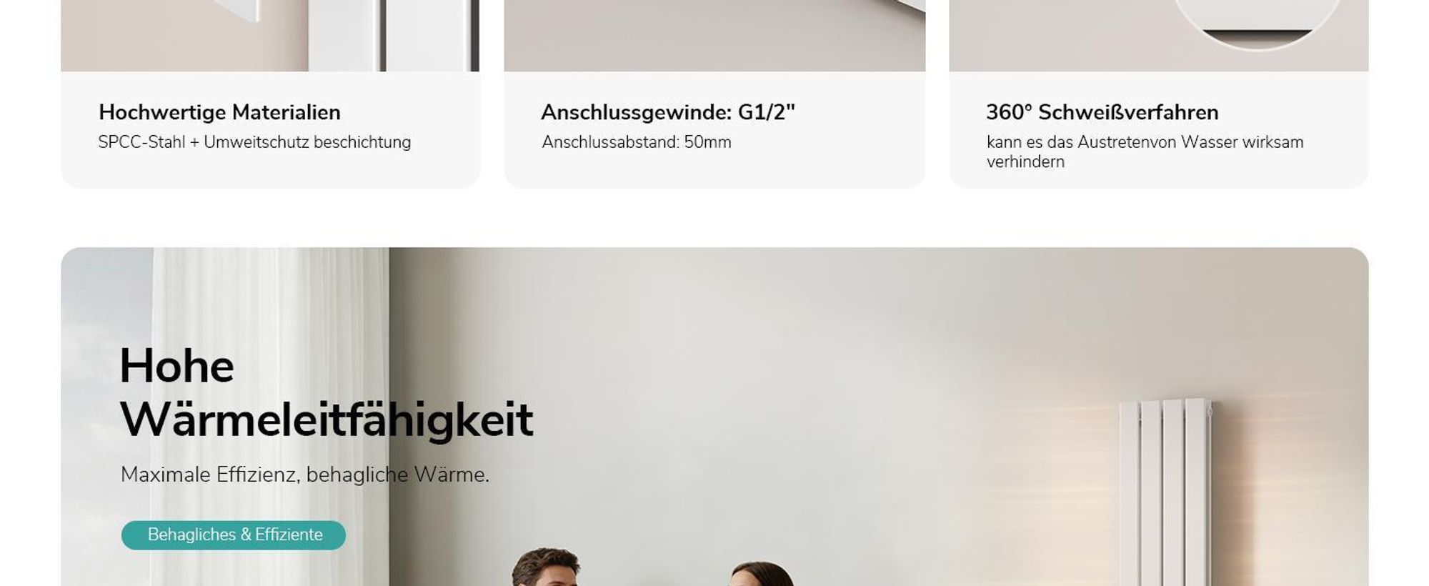 EMKE Heizkörper Flach Designheizkörper Paneelheizkörper Vertikal Doppellagig Mittelanschluss 180x30cm 1082W Weiß ohne Heizstab