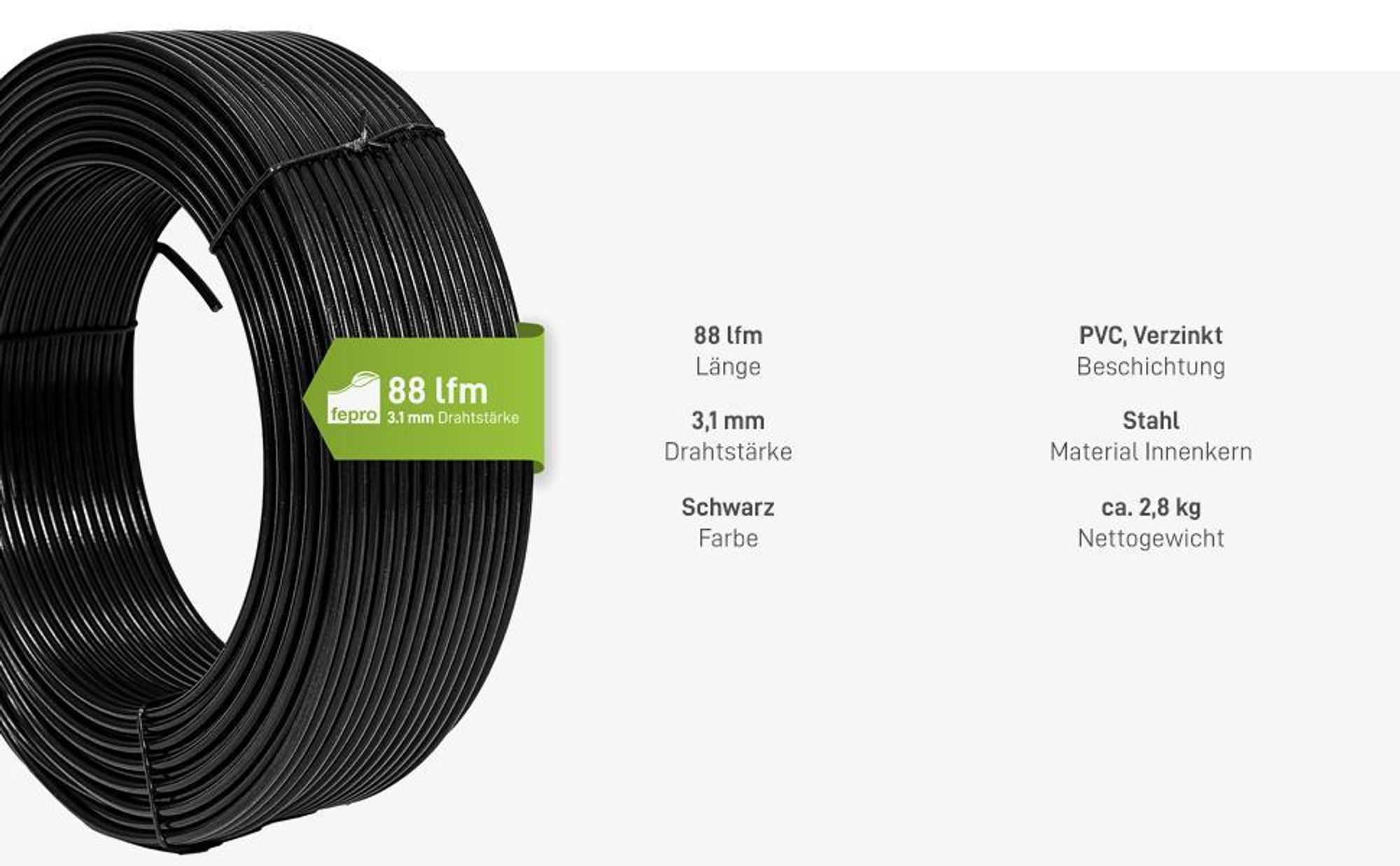 Fepro® Spanndraht 3,1 mm x 88 m, schwarz, verzinkt und kunststoffbeschichtet - witterungsbeständig, ideal für Maschendraht, Wildzaun, Garten oder basteln