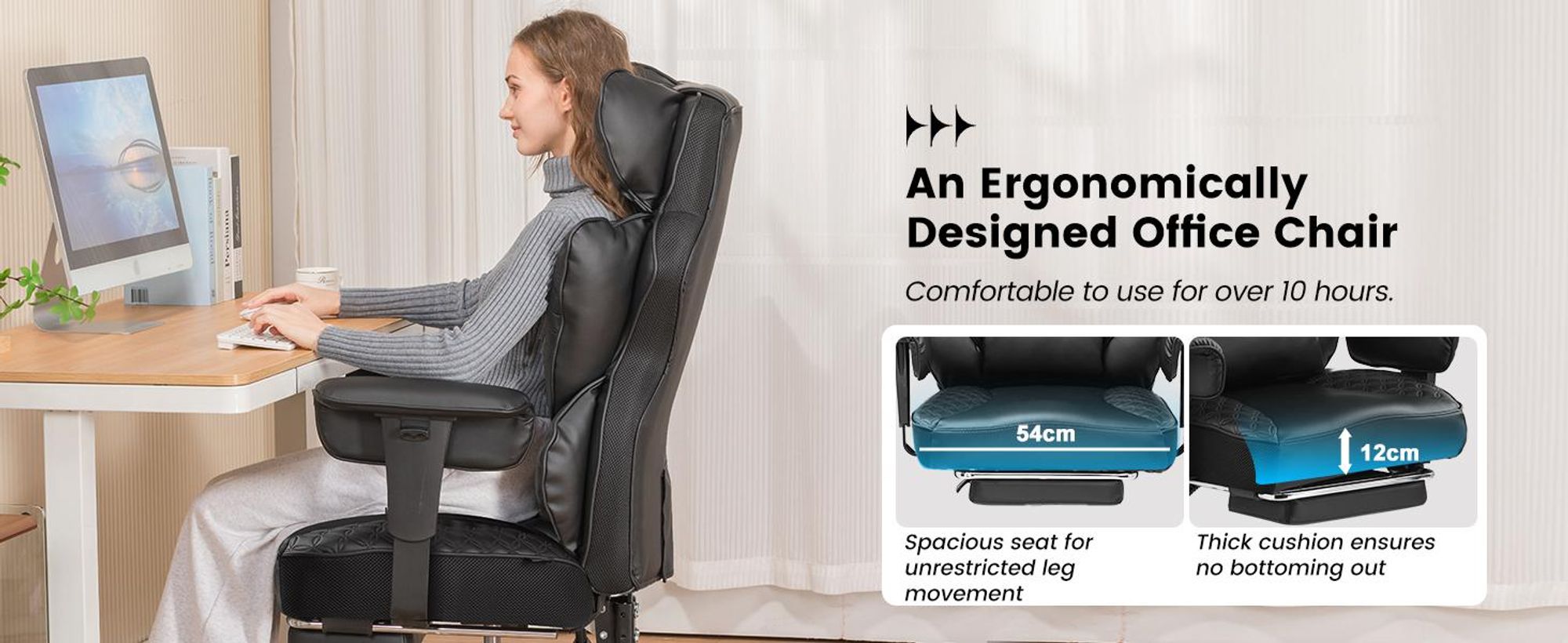 Herní židle COMHOMA, ergonomická kancelářská židle, kancelářská židle s nastavitelnými područkami, bederní opěrka s kapesní pružinou, 150 kg, černá barva