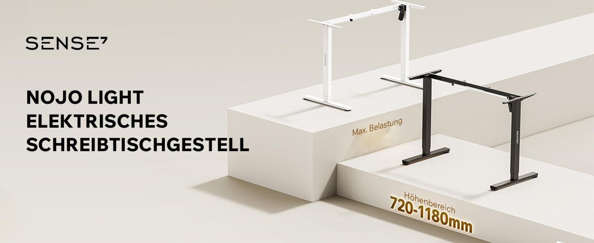 SENSE7 NOJO Light Elektrisch Höhenverstellbares Schreibtischgestell | 72-118cm, Memory-Funktion, Kopfhörerhalter, Max. 70kg, Stahl-Tischgestell