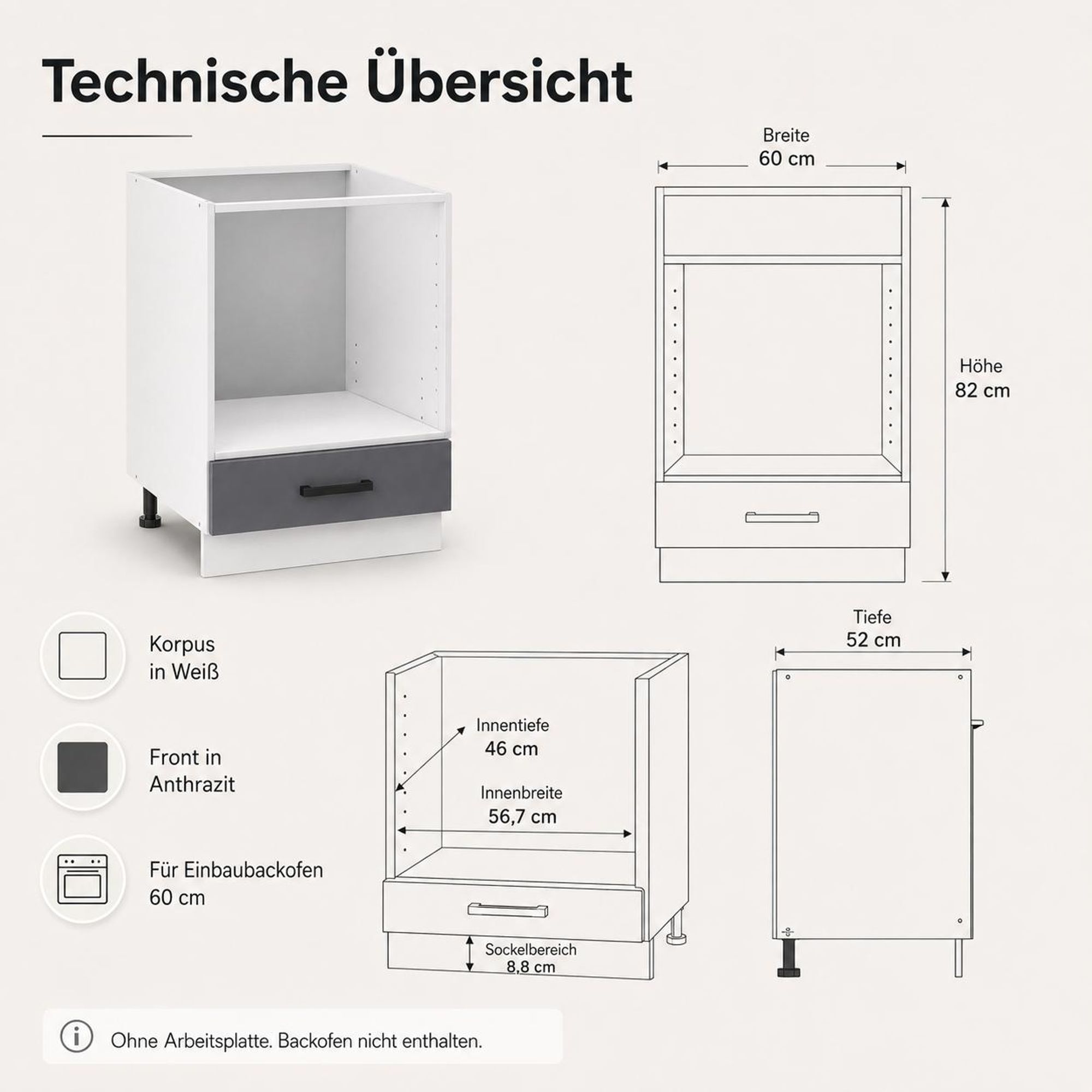 Backofen-Umbauschrank 60 cm Anthrazit: Für Standard-Einbaubackofen ohne Platte.