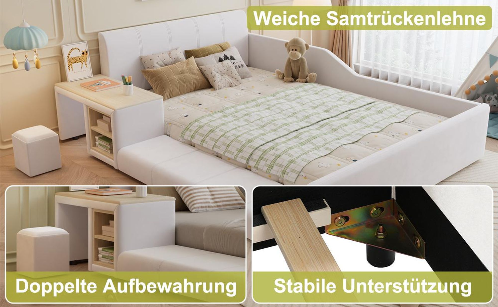 MODFU Kinder-Polsterbett 140x200 Doppelbett mit Lernschreibtisch,Jugendbett mit Hocker und Ablageboden,Kinderbett Bettgestell mit Holzlattenrost und weichem Kopfteil,ohne Matratze,Weiß