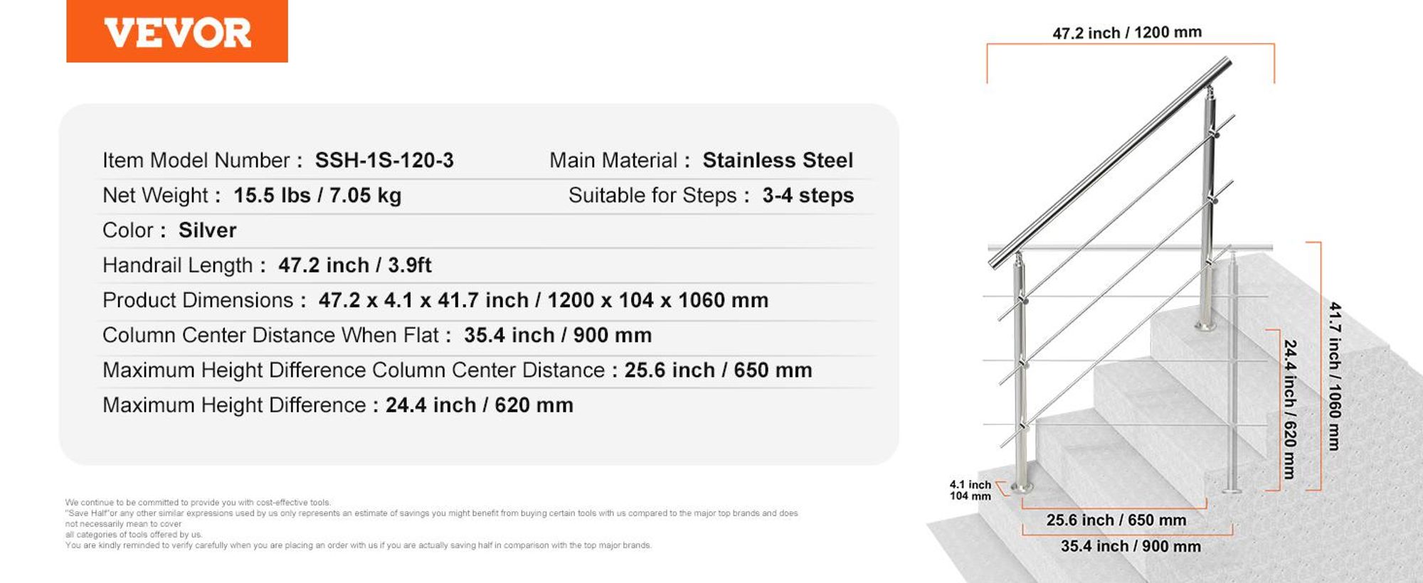VEVOR 119,9 cm Handläufe für Außentreppen 2 Querstangen Treppe für Veranda Deck, Bodenstehend-h, 3 Horizontale Stangen-a