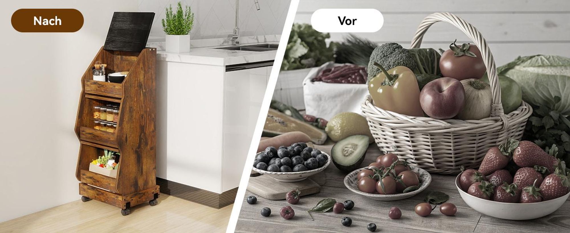 Puluomis Küchenregal Gemüsebehälter mit Rollen, Gemüsebox mit Belüftung und Brotfach, Aufbewahrung von Gemüse und Obst, Kartoffelbox schwarz braun