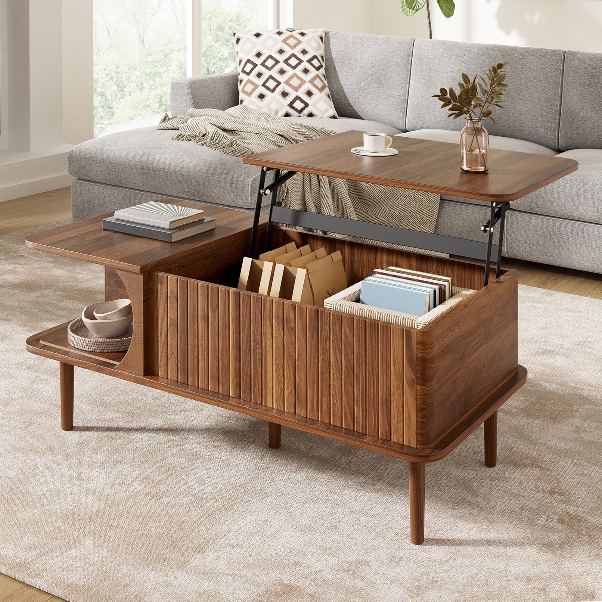 Merax höhenverstellbare Couchtisch mit verschiebbare Tür, Wohnzimmertisch aus MDF mit vertikale Rillen, Sofatisch mit Holzbeine, Nussbaum