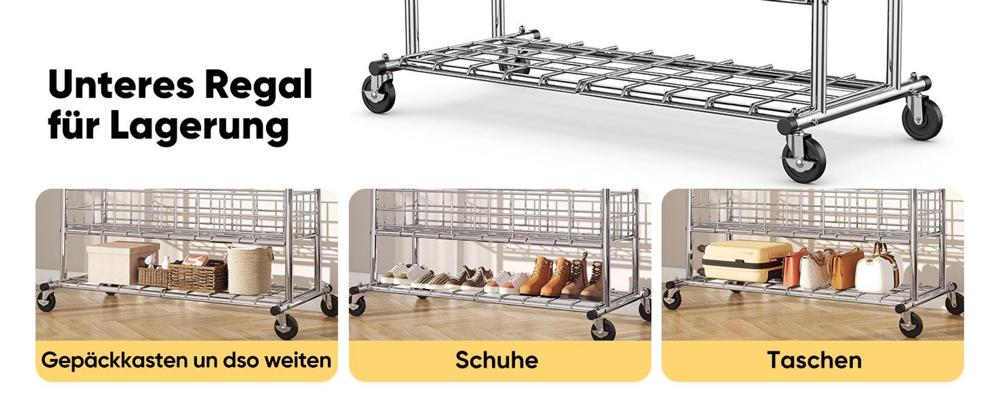 HOKEEPER Schwerlast Kleiderstange auf Rollen, Doppelter Kleiderstange, bis 283 kg belastbar, Industrie-Design, Garderobenständer