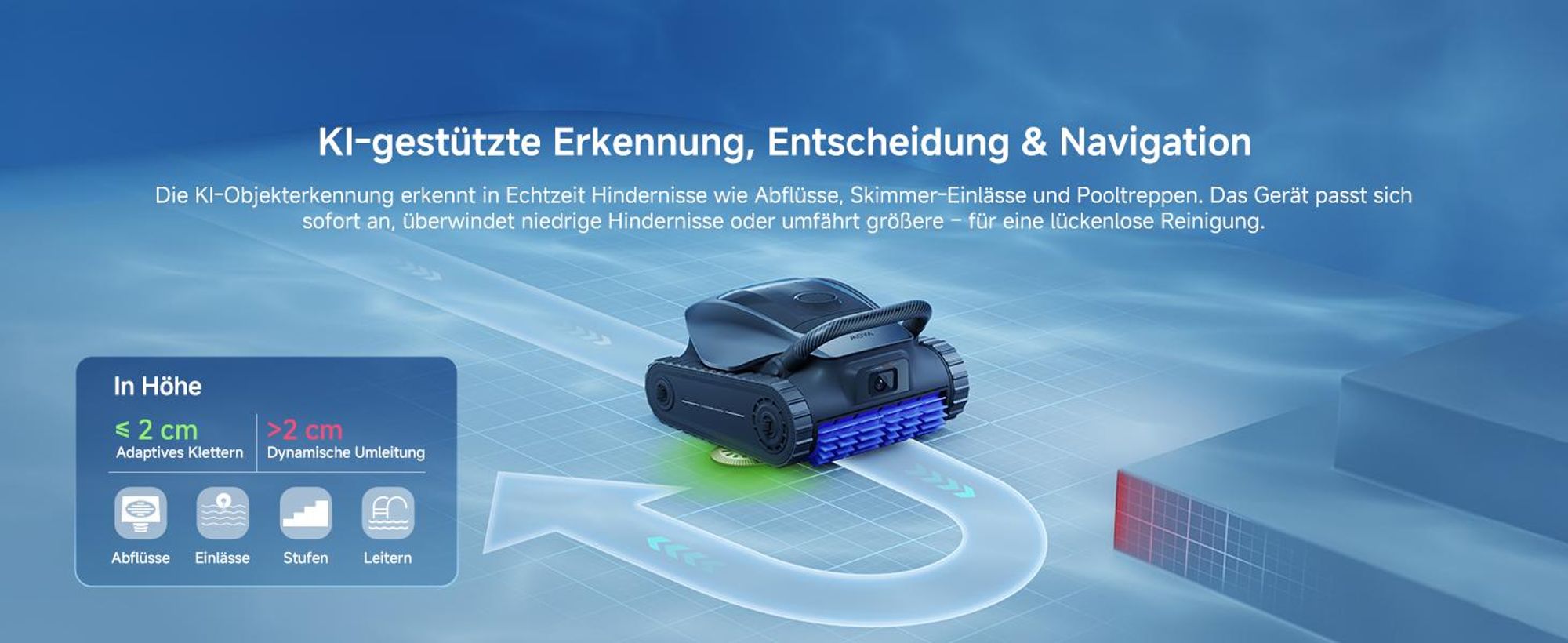 MOVA Diver A10 – Intelligenter Poolroboter, 22 700 L/h Saugleistung, 240 min Laufzeit, Doppel-Bürste, 8 IA-Modi