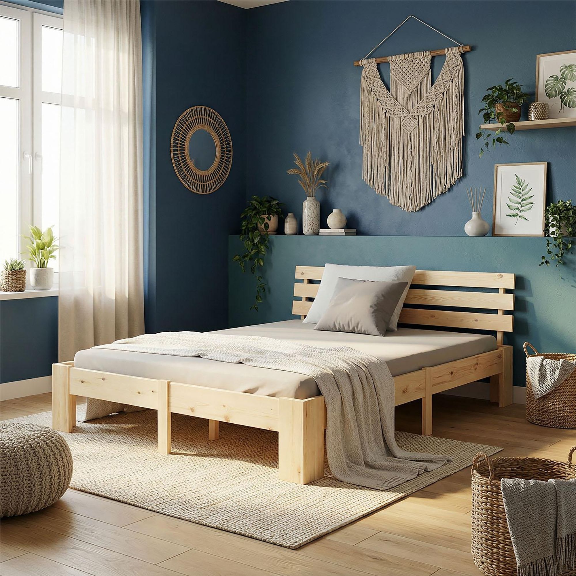Homestyle4u Holzbett 180x200 Doppelbett mit Lattenrost Natur Kiefer Massivholz