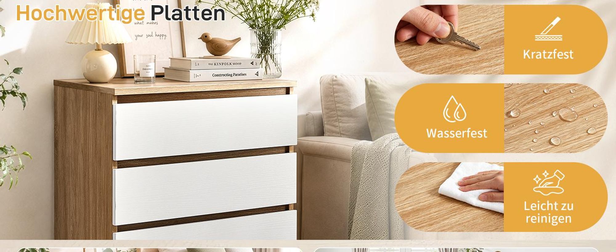 Kommode mit 4 Schubladen Sideboard Weiß und Eiche Anrichte holz