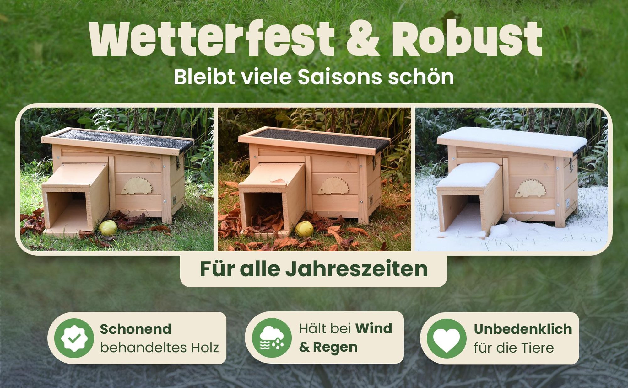 Igelhaus Igelhütte Holz zooprinz Hugo | mit Labyrinth Tunneleingang | Wetterfest Winterfest | Vollholz | 72×28×29 cm Winterquartier