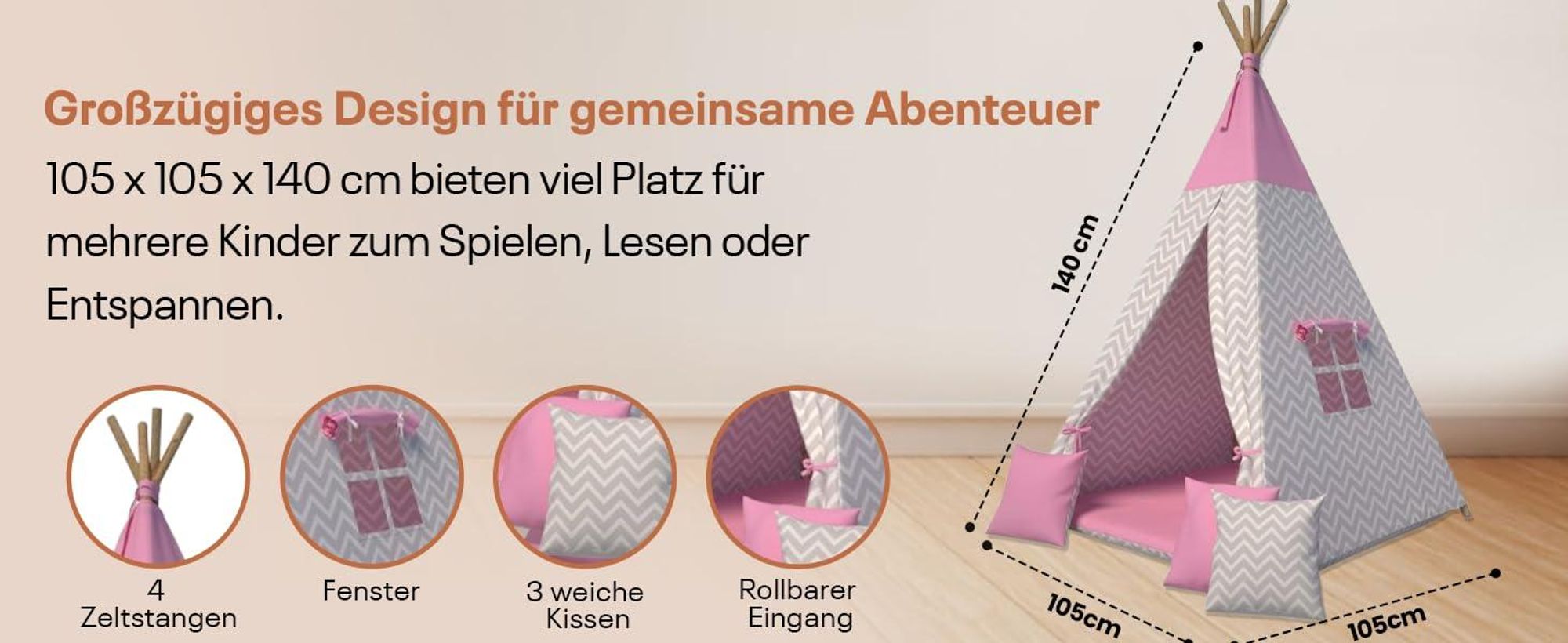Tipi Zelt für Kinder|Spielzelt Kinder Indoor|Spielzelt mit Weiche Kissen | Langlebig zelt|Kinderfreundlich Tippizelt Indoor (Grau Tierchen)