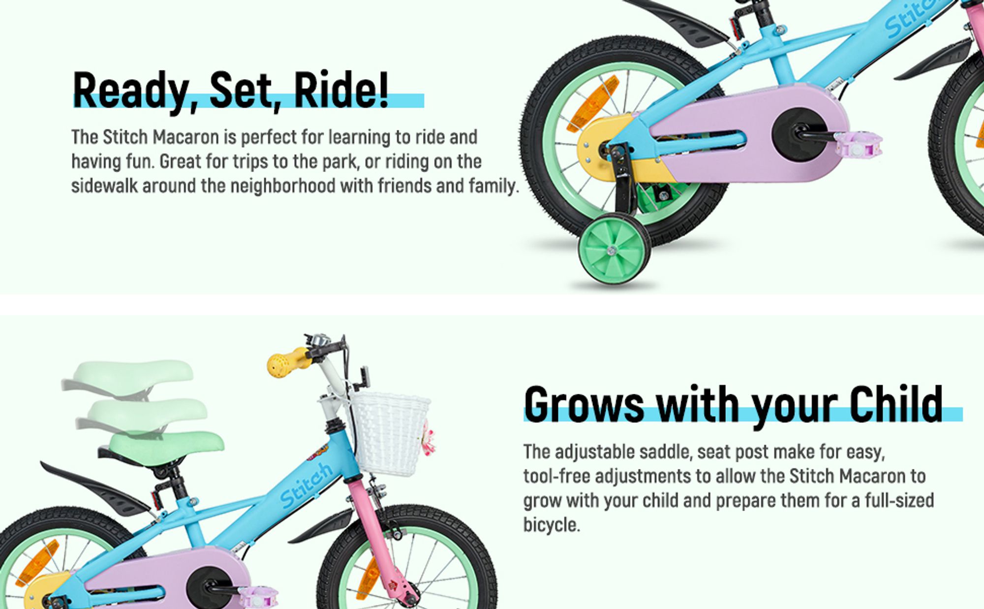 HILAND Macaron 14 Zoll Kinderfahrrad für Mädchen & Jungen ab 3 4 5 6 7 Jahren, mit Korb & Stützrädern, Blau