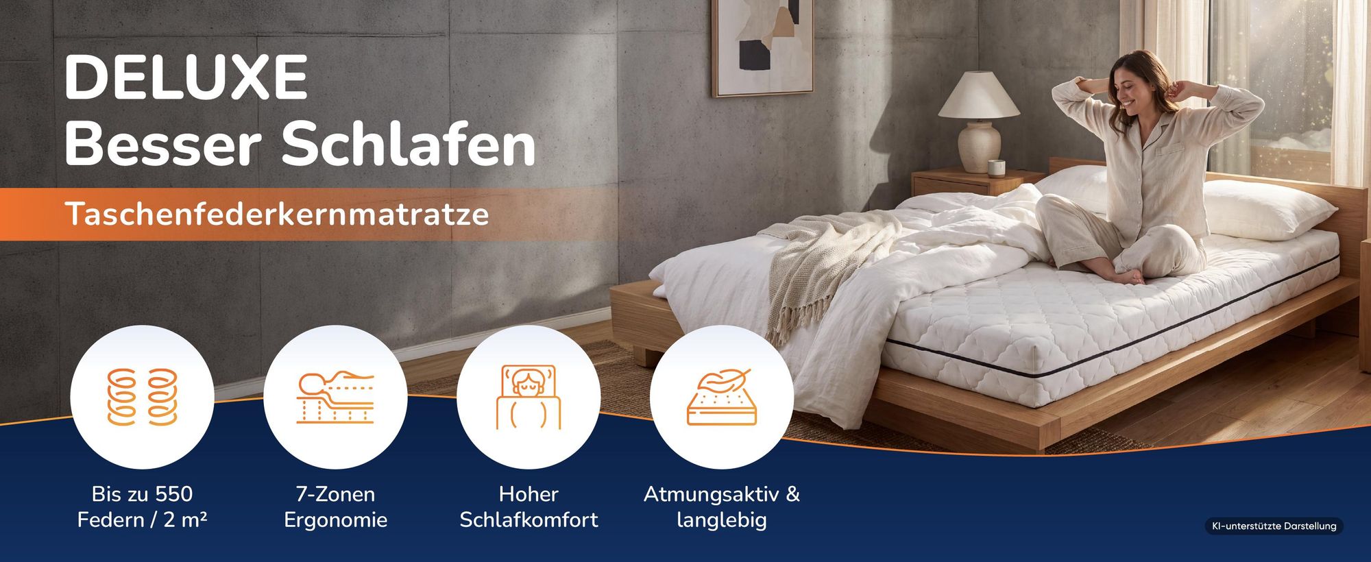 Taschenfederkernmatratze Deluxe auf einem Bett, daneben vier Produktmerkmale