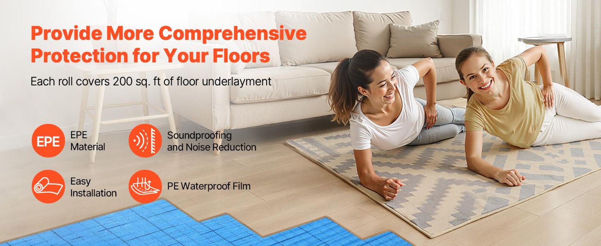 VEVOR Fußbodenunterlage 37,2 m², 3 mm Laminatbodenpolster mit angebrachter Dampfsperre, strapazierfähige Faser+PE-Folie, schalldämmend & geräuschreduzierend für Vinyl- & Holzböden (2 Rollen x 18,6 m²), 200 sq ft-3.0 mm-1 Volumen-EPE