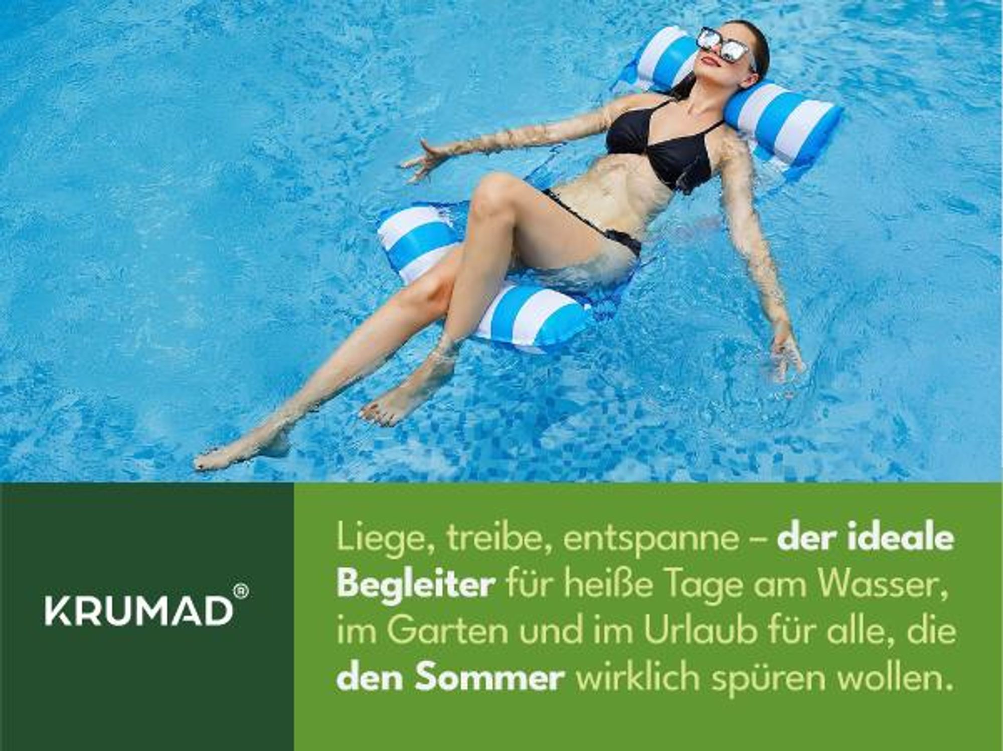 KRUMAD Wasserhängematte Aufblasbar 115x65 cm, Schwimmliege mit Netz und Kopfstütze, Pool Luftmatratze für Erwachsene, Strand & Meer, Blau-Weiß