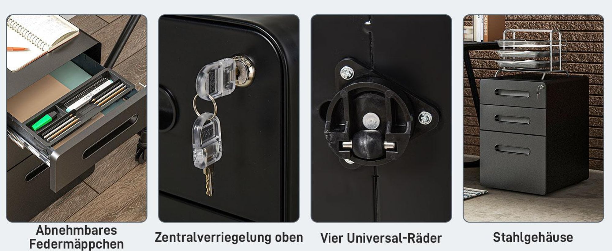 Vinsetto Rollcontainer Aktenschrank mit 3 Schubladen Bürocontainer Stahl Schwarz