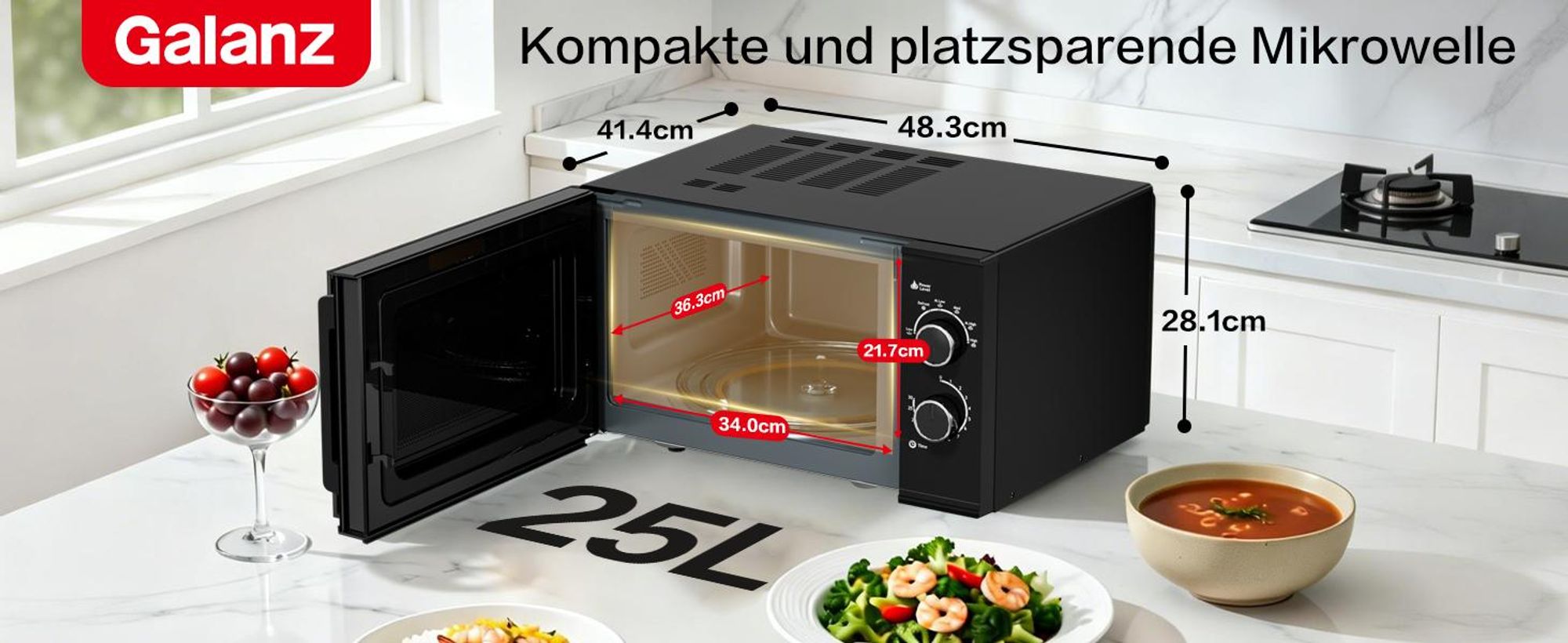 Galanz Mikrowelle 25L 900W Drehregler 6 Leistungsstufen Auftaufunktion schwarz
